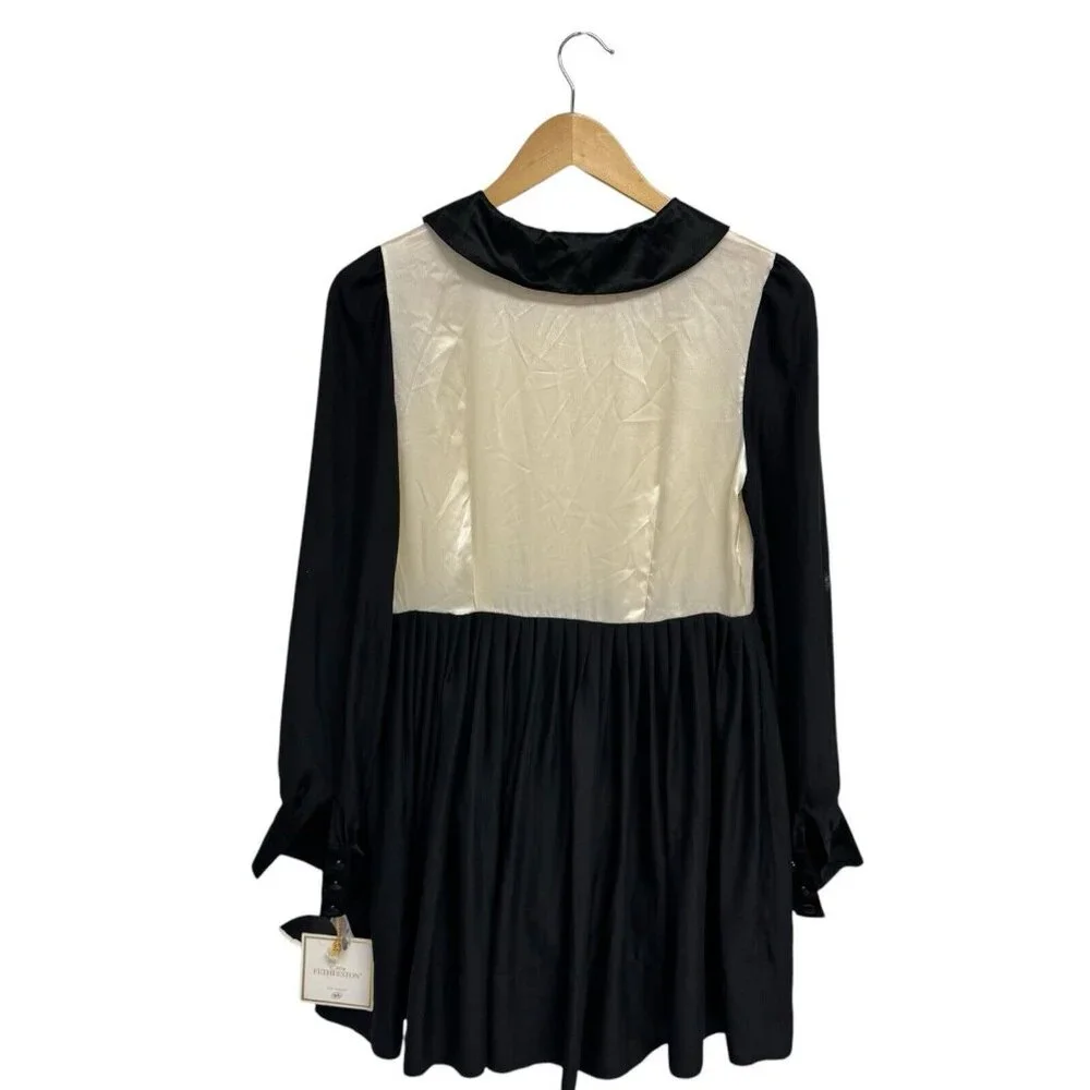 Erin Fetherston Juniors Silk Dress Long Sleeve Button Collar beige black size 5 - Picture 4 of 10